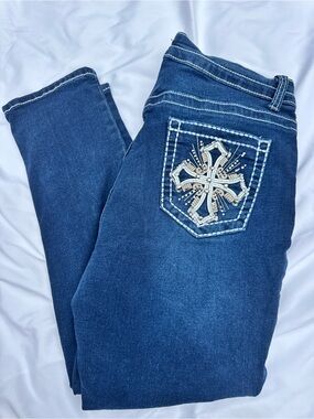 BAMBOO Dark Blue Skinny Jeans with Embellished Pocket